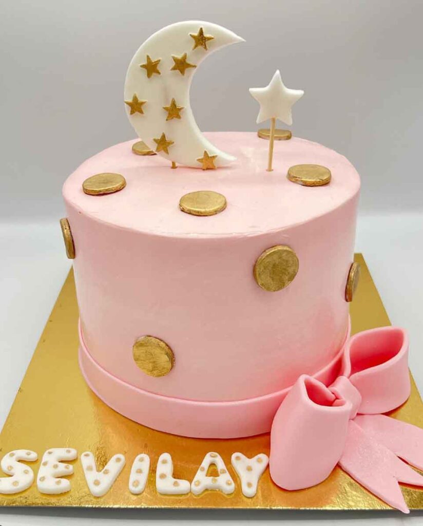 bolo rosa com dourado infantil lua