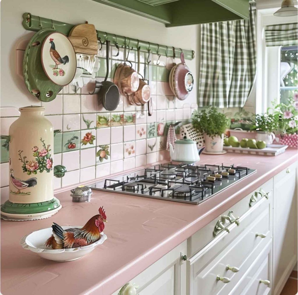 cozinha estilo cottagecore de fazenda rustica rosa e verde