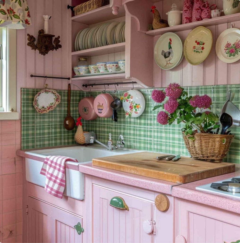 cozinha estilo cottagecore de fazenda rustica rosa e verde