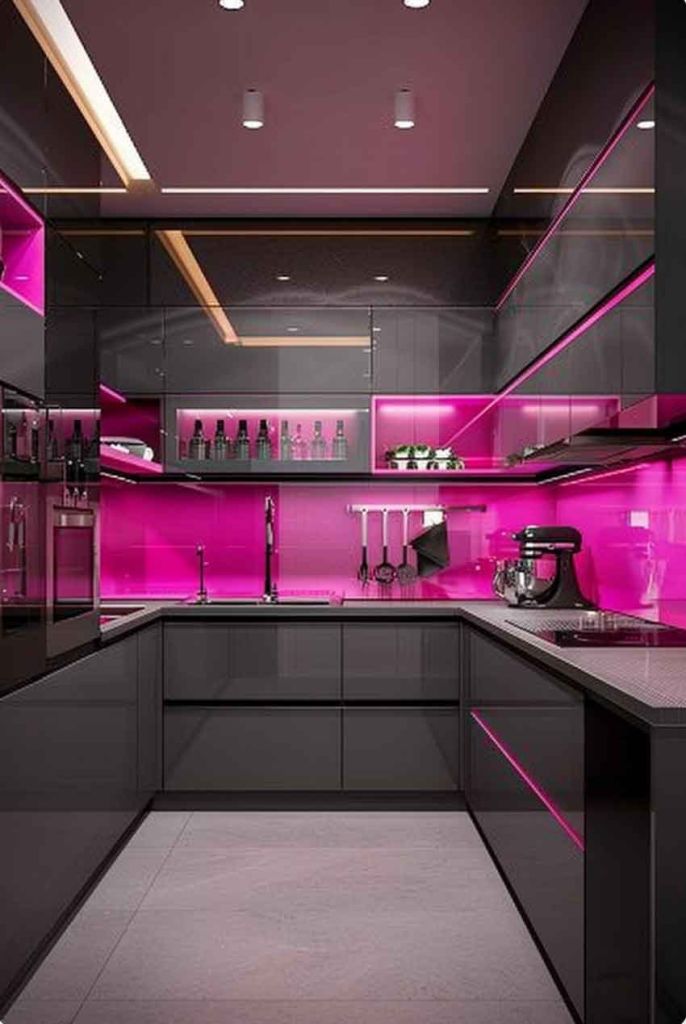 ideia de cozinha rosa pink e preto estilo barbie de luxo